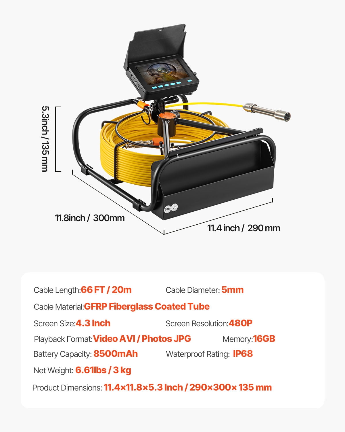 VEVOR Sewer Camera, 4.3" Pipe Drain Inspection Camera with DVR Function & Snake Cable, Waterproof IP68 Borescope w/LED Lights, Industrial Endoscope for Home Wall Duct Drain Pipe Plumbing