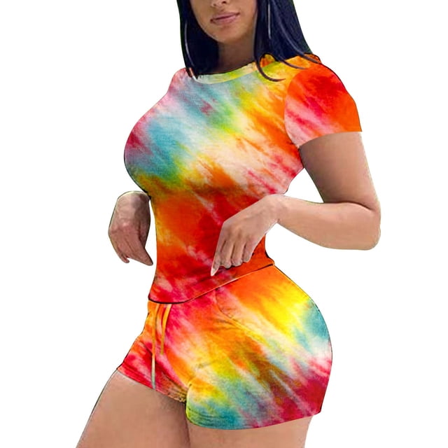 Conjunto de pantalones cortos de manga corta con estampado de cuello redondo para mujer, traje deportivo informal de verano de 2 piezas Wmkox8yi bvn1115