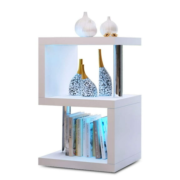 High Gloss End Table with 16 Colors LED Lights, 3 Tiers Sofa Side Table with Storage, Night Stand Bedside Table Modern Home Furniture for Living Room and Bedroom