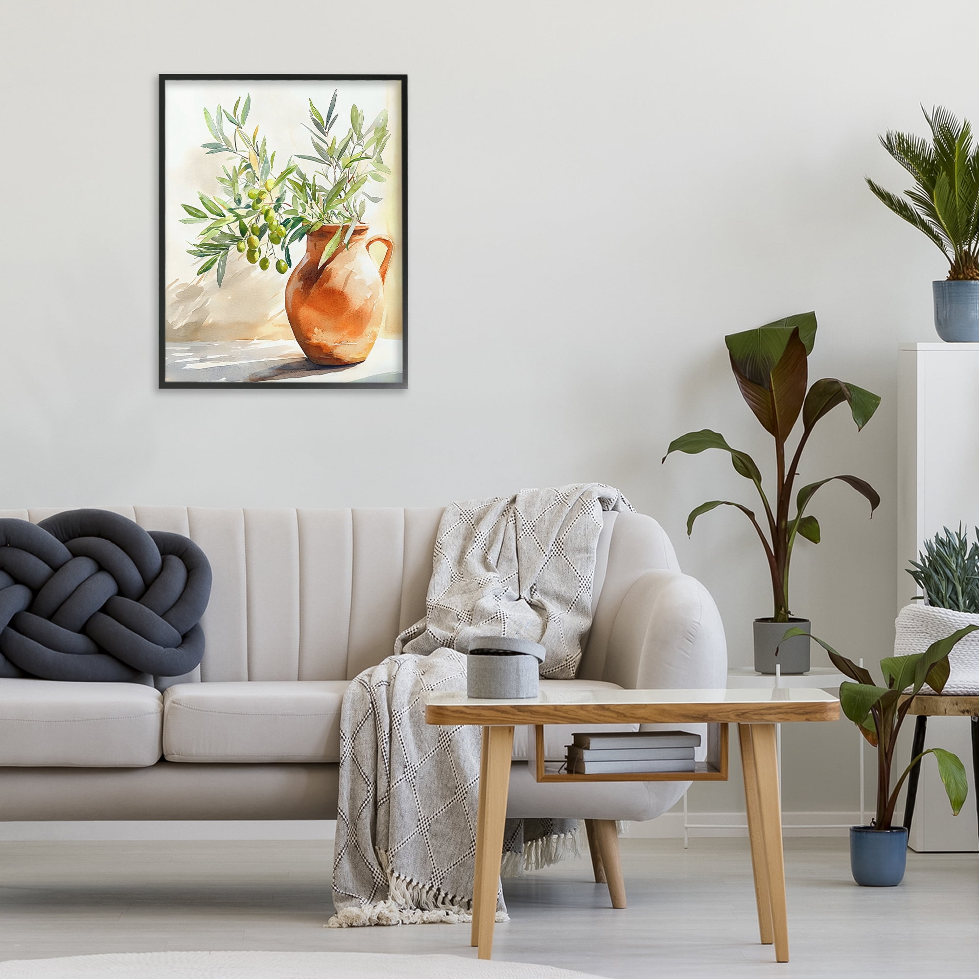 Stupell Industries Olive Branch in Terracotta Vase Black Framed Giclee Art, design by LSR Design Studio