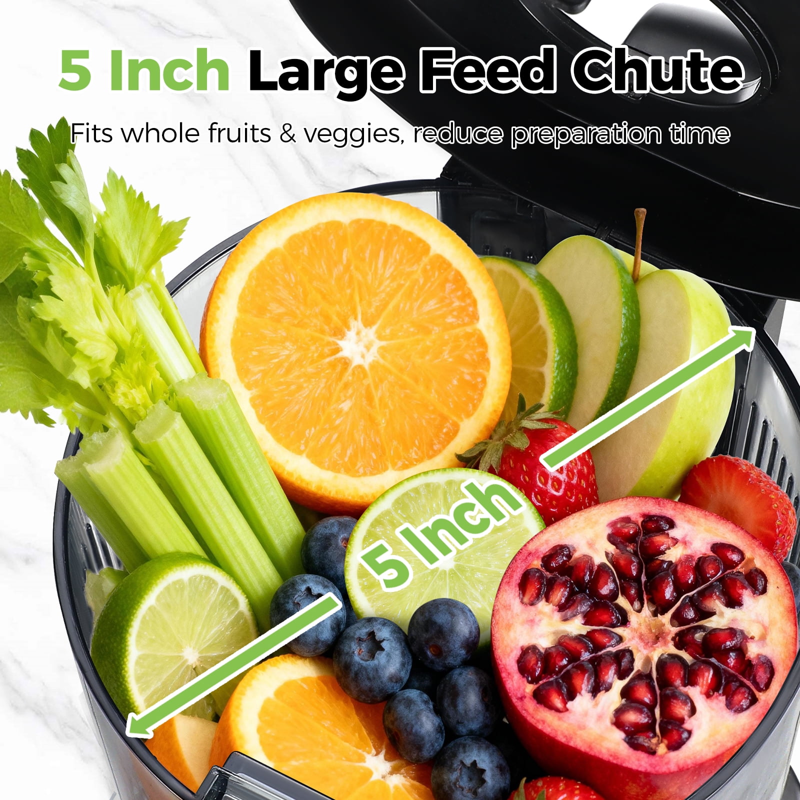 OSTBA Juicer Machine, Cold Press Juicer with Big Wide 5" Chute 1200 ml Juice Cup, Masticating Juicer for Fruits and Vegetables, High Juice Yield, Easy to Clean