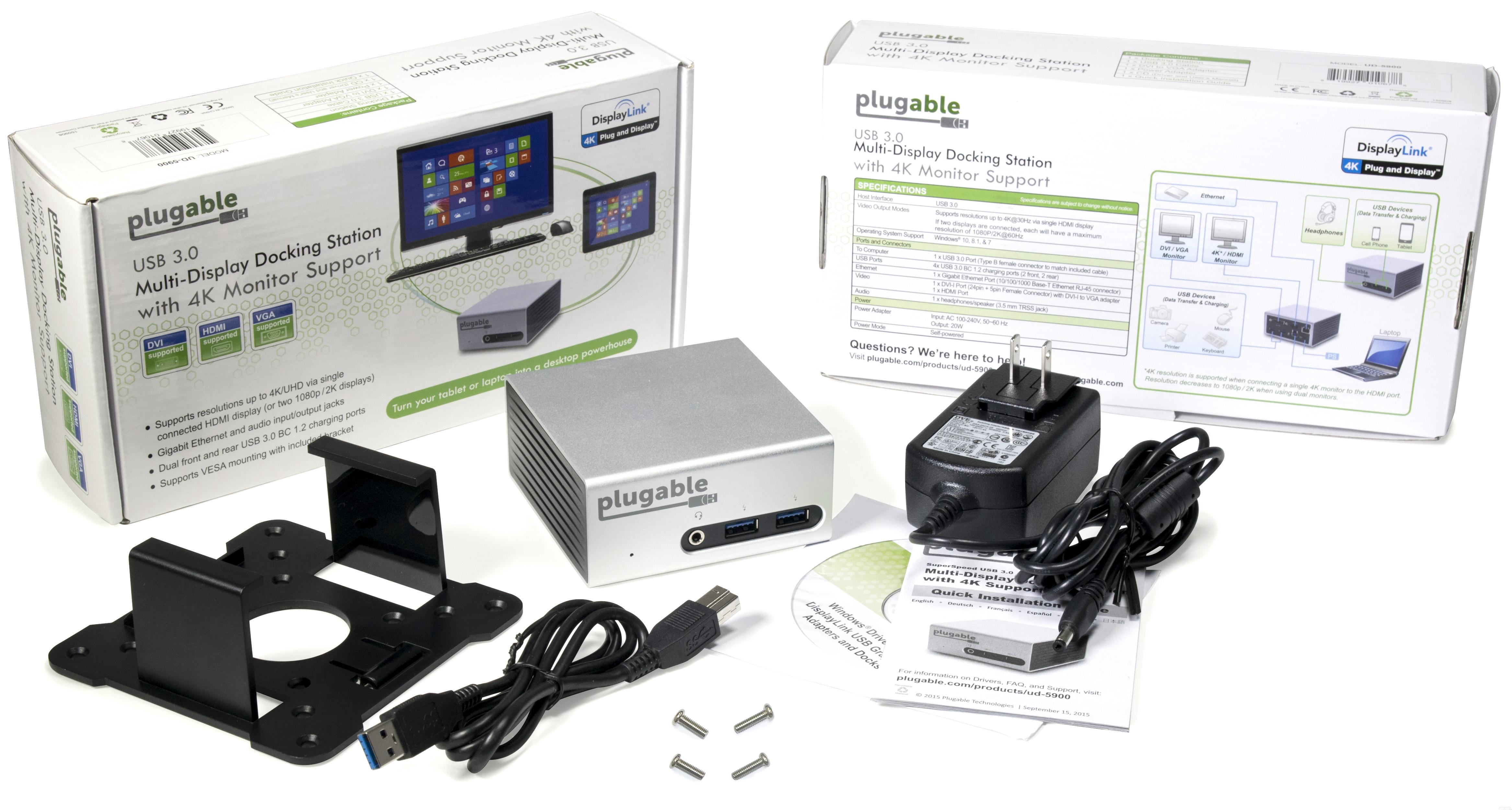 Plugable Universal USB 3.0 Docking Station with Dual Video Outputs and 4K Support for Windows 10, 8.1, 7 (HDMI and DVI or VGA, Gigabit Ethernet, Audio, 4 USB 3.0 Ports, VESA Mount Aluminum Mini)