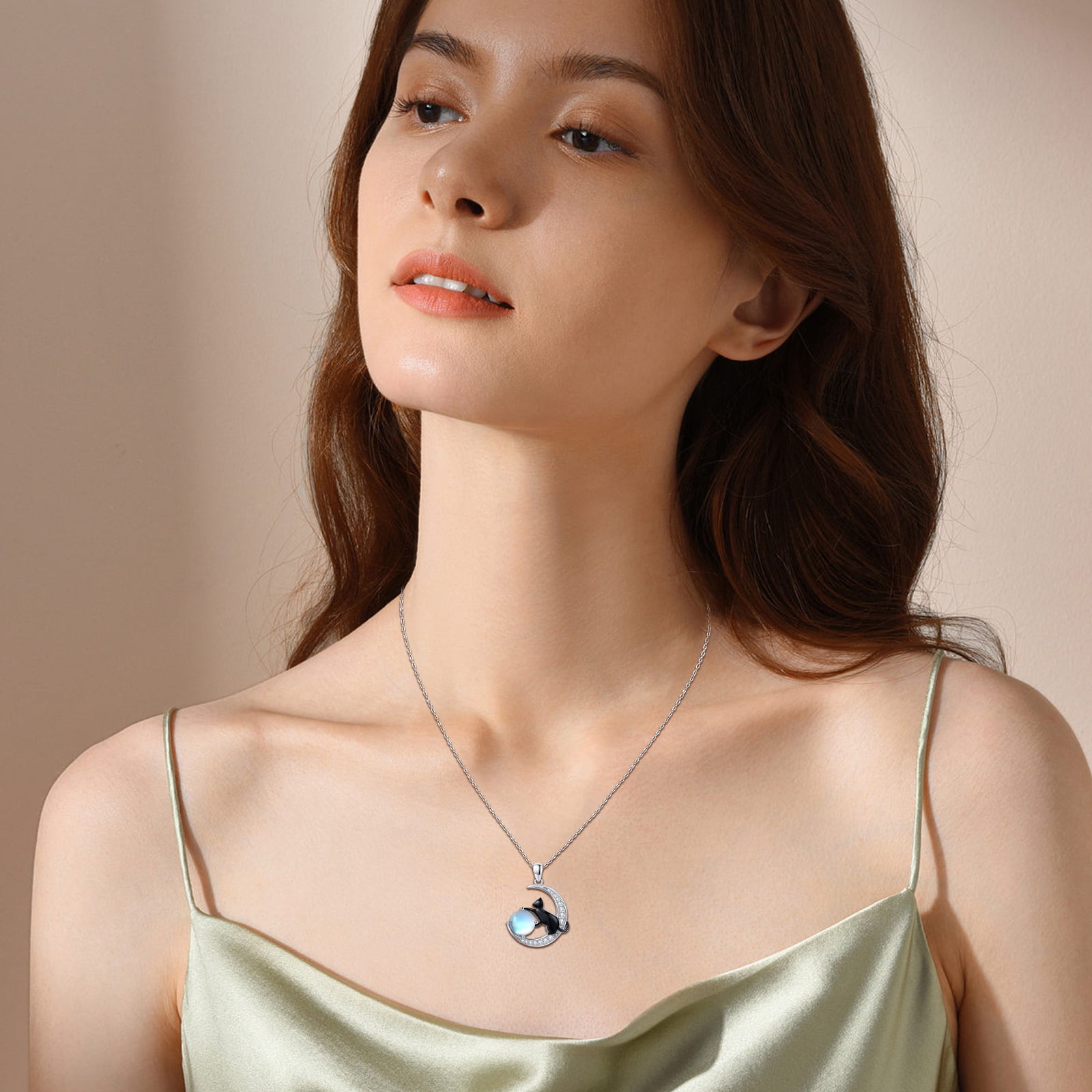 Coachuhhar Black Cat Necklace 925 Sterling Silver Cute Animal Pendant Necklace Moonstone Jewelry Gifts for Women Mom Wife