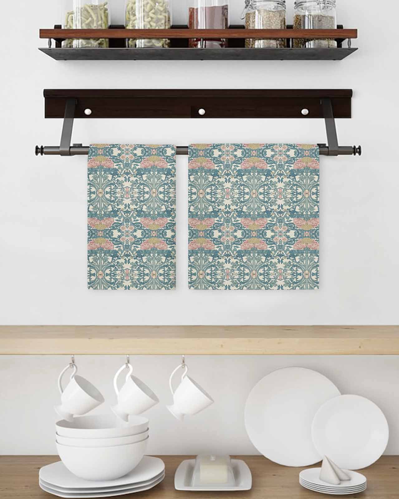 Teal Pink Hand Towels Set, Waffle Weave Kitchen Towels 2 Pieces, Vintage Floral Watercolor Boho Ethnic Microfiber Hair Face Bath Tea Towel Absorbent Quick Drying Cleaning Dish Cloths, 15.7"x23.6"