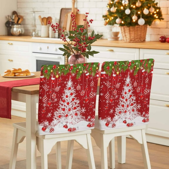 Christmas Trees Chair Covers Set of 6 Xmas Ball Green Leaf Winter Snowflake Red Chair Back Covers Stretch Removable Washable Slipcovers Protector for Dining Room Kitchen Party Decor