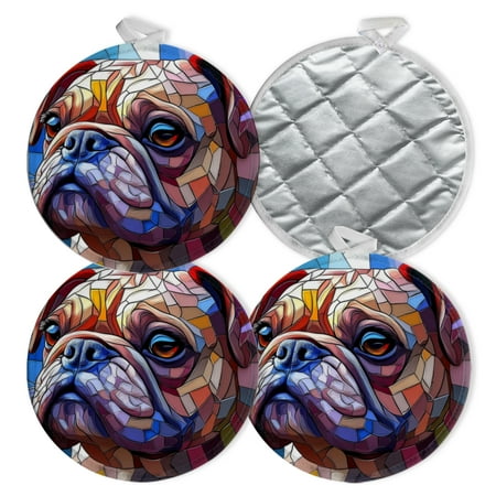 

4 PCS Pot Holders for Kitchen Potholders Sets with Hook for Oven Cooking Baking Cute Bulldog In The Style Of Stained Glass Mosaic