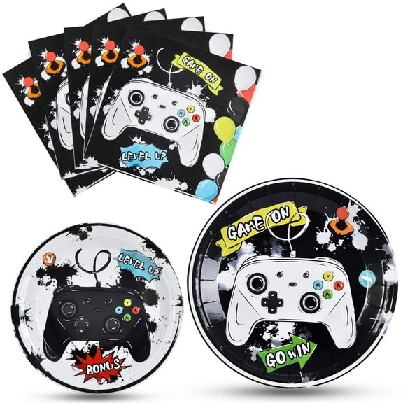 WERNNSAI Video Game Party Supplies - AFN148 PCS Watercolor Party Plates and Napkins Disposable Game Lovers Paper Plates Napkins for Boys Gamer Birthday Dinner Dessert Decorations Serves 16 Guests