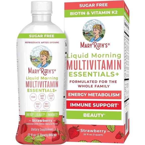 MaryRuth's Liquid Morning Multivitamin Essentials with Vitamin D3 for Immune Support, Strawberry, Vegan, Gluten-Free, Dairy-Free, Ages 1 , 32 fl oz