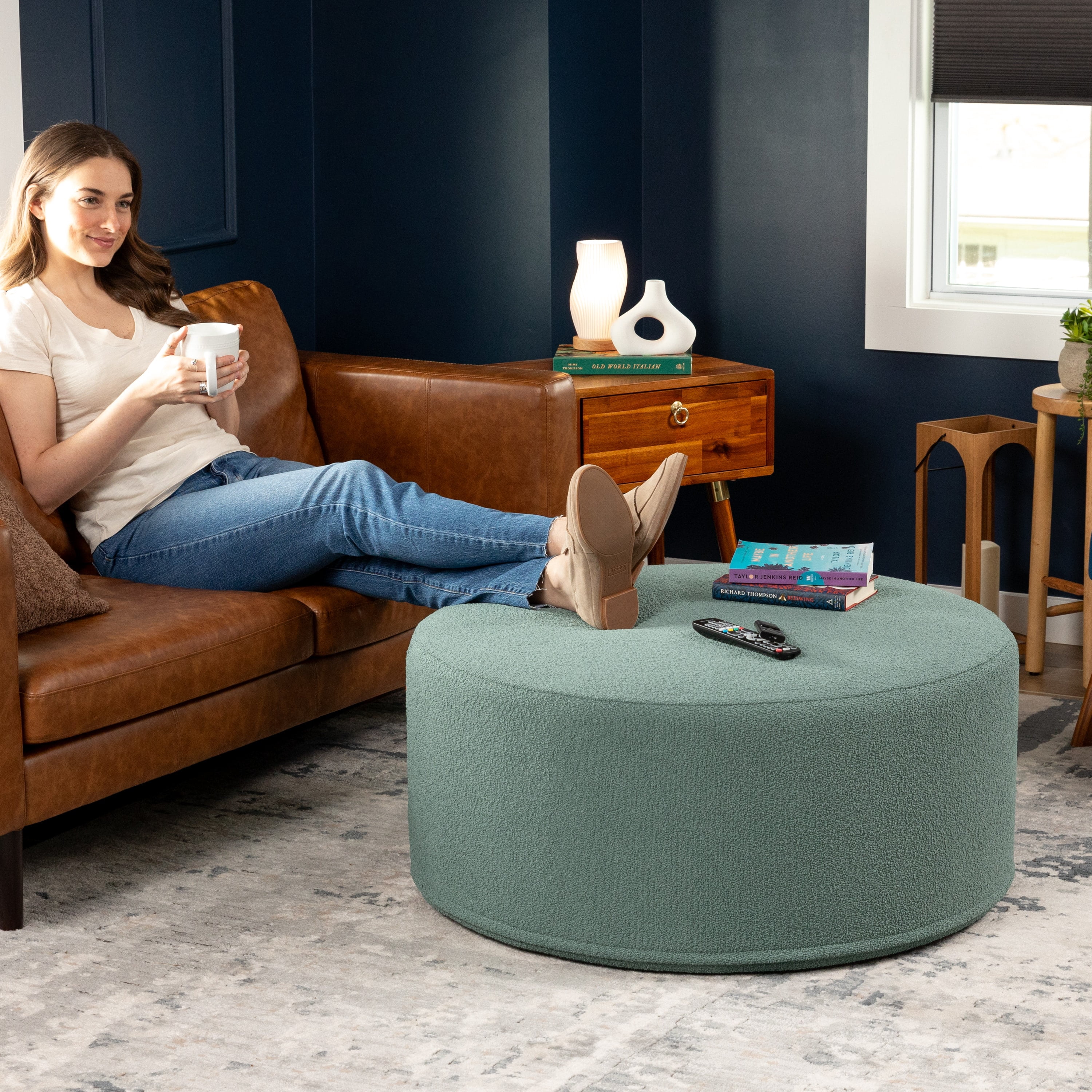 Jaxx Candler Round Coffee Table Ottoman, Large, 36-Inch, Boucle Green