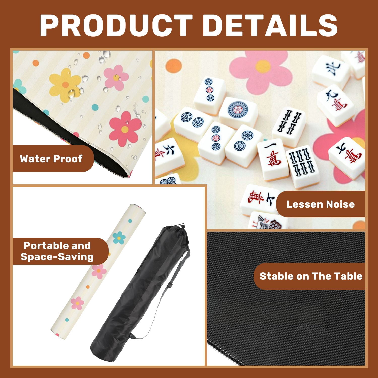 Mahjong Mat 31.5" x 31.5" Colorful Retro Flower Polka Dots Cream Striped Non-Slip Noise Reduction American Mahjong Tiles Table Cover for Dominoes Poker Card Board Games Gift