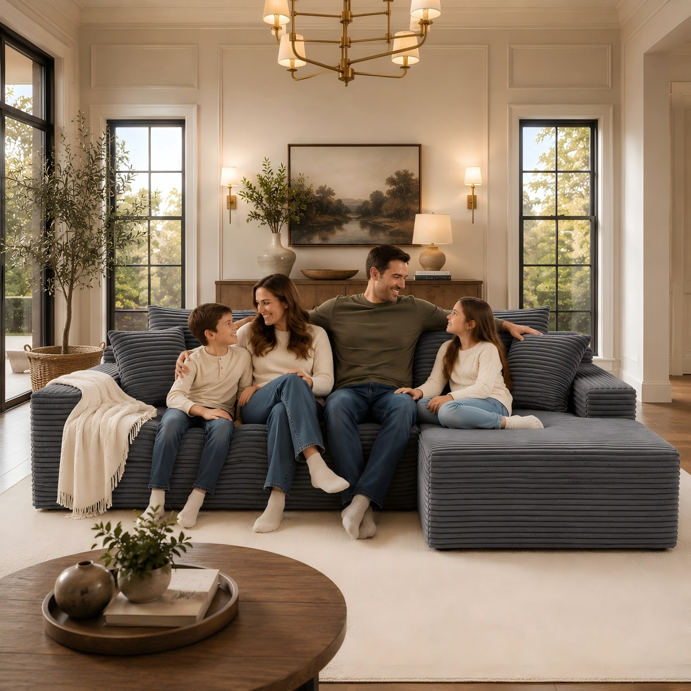 Aukfa 107" Cloud Modular Sectional Couch with Right-Facing Chaise, Corduroy Deep Seat Boneless Sofa for Living Room, Apartment, Gray