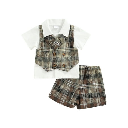 

Suanret Infants Baby Boy T-shirt and Shorts 2PCS Set Fashion Plaid Vest Short Sleeve Fake-two Tops and Short Pants Khaki 9-12 Months