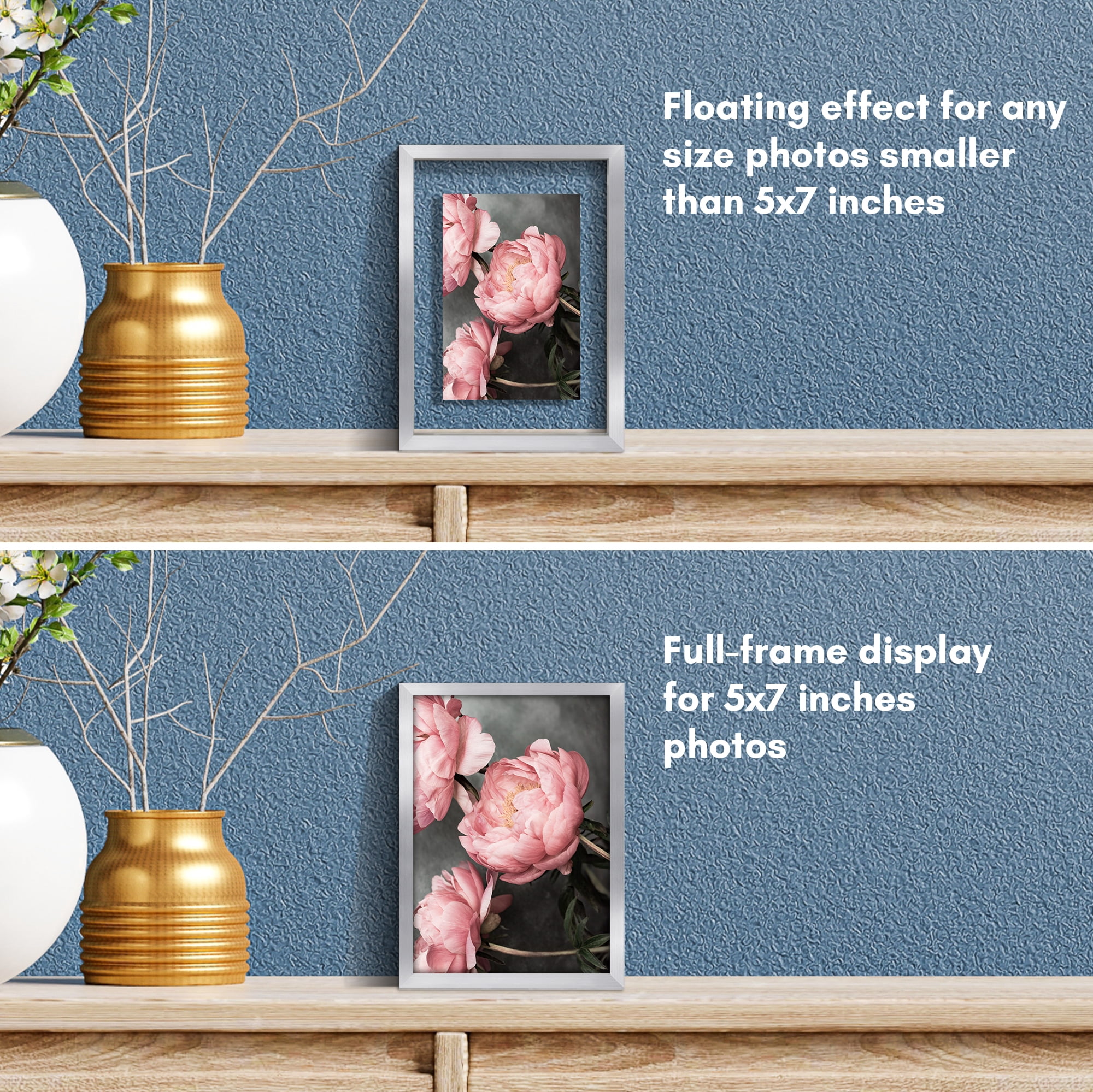 Americanflat 5x7 Picture Frame with Shatter-Resistant Glass Aluminum Floating Display Photo Signature - Silver