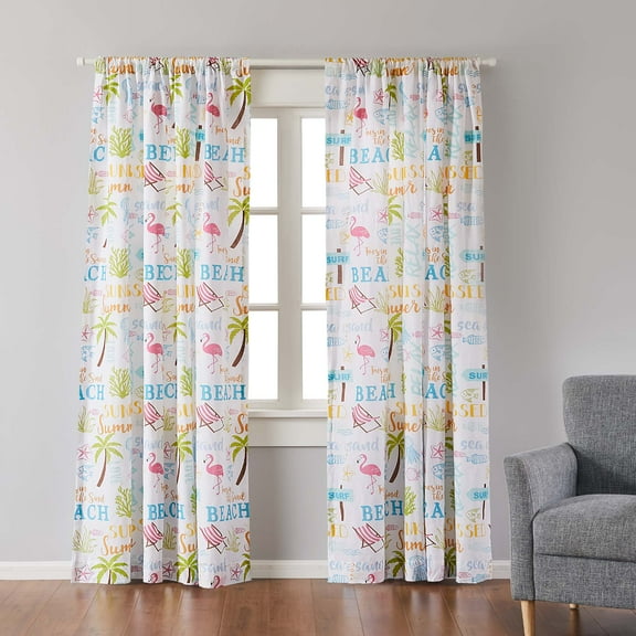 Levtex Home - Beach Days - Drape Panel (55x84in.) with Rod Pocket - Coastal Beach - Teal, Blue, Yellow, Brown and Pink.