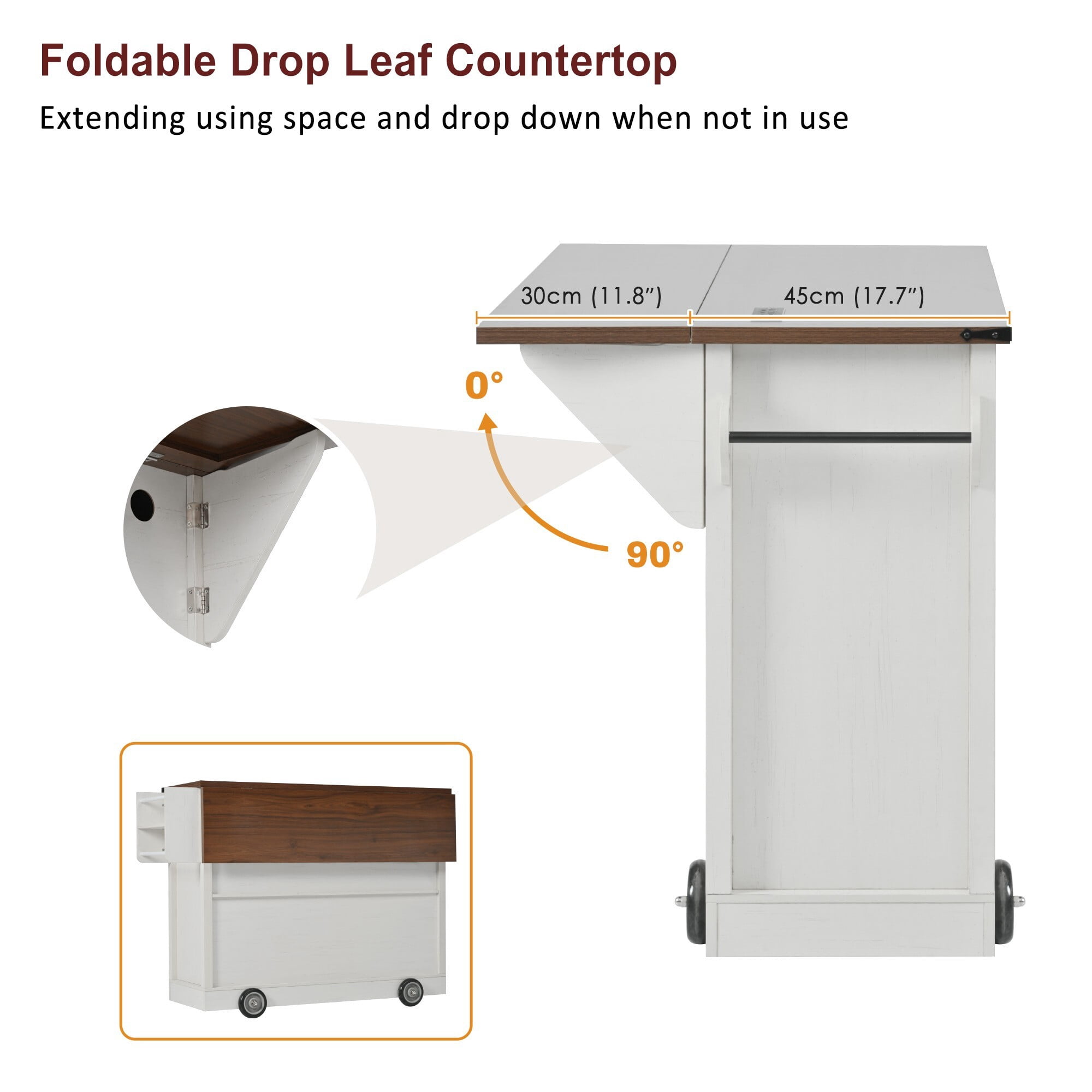DEALTOPS Farmhouse Mobile Kitchen Island with Outlets | Foldable Tabletop, Drawers, Wine Rack | White with Rustic Brown