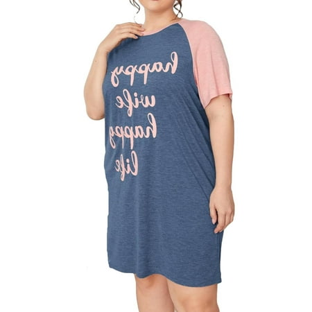 

Casual Letter Round Neck Sleepshirts Dusty Blue Short Sleeve Plus Size Nightgowns & Sleepshirts L