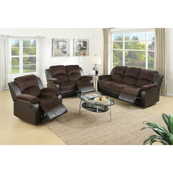 Modern 3pcs Sofa Set Reclining Padded Suede Fabric Cushion Motion Sofa Loveseat Chair Recliner Chocolate Color Plush Couch