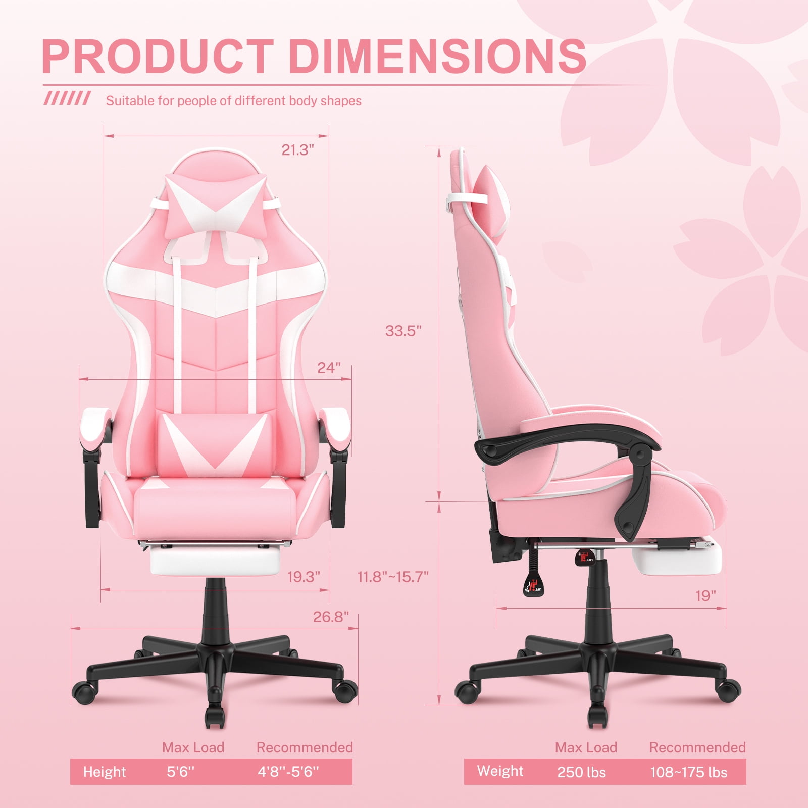 Soontrans Pink Gaming Chair with Footrest Ergonomic Office Chair
