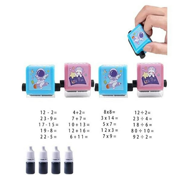 Dvkptbk Rolling Stamp Roller Digital Teaching , 2023 New Math Roller for Addition Subtraction Multiplication Division, Number Rolling for -4 Pcs4x Ink(5ml) Rolling Stamp