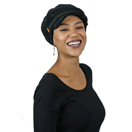 Newsboy Cap For Women Cancer Headwear Chemo Hat Ladies Head Coverings Tweed Corduroy (Black)