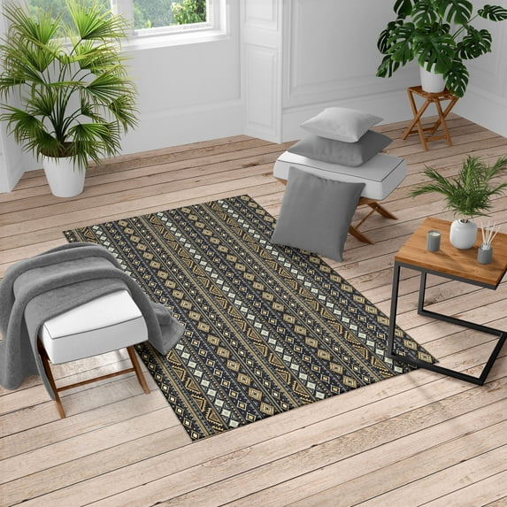 African Turkish Area Rug, Vertical Geometrical Borders with Ornaments Folkloric Pattern Artwork, Soft Carpet for Living Room Decor with Distressed Look, 4' X 5.7', Eggshell Mustard, by Ambesonne