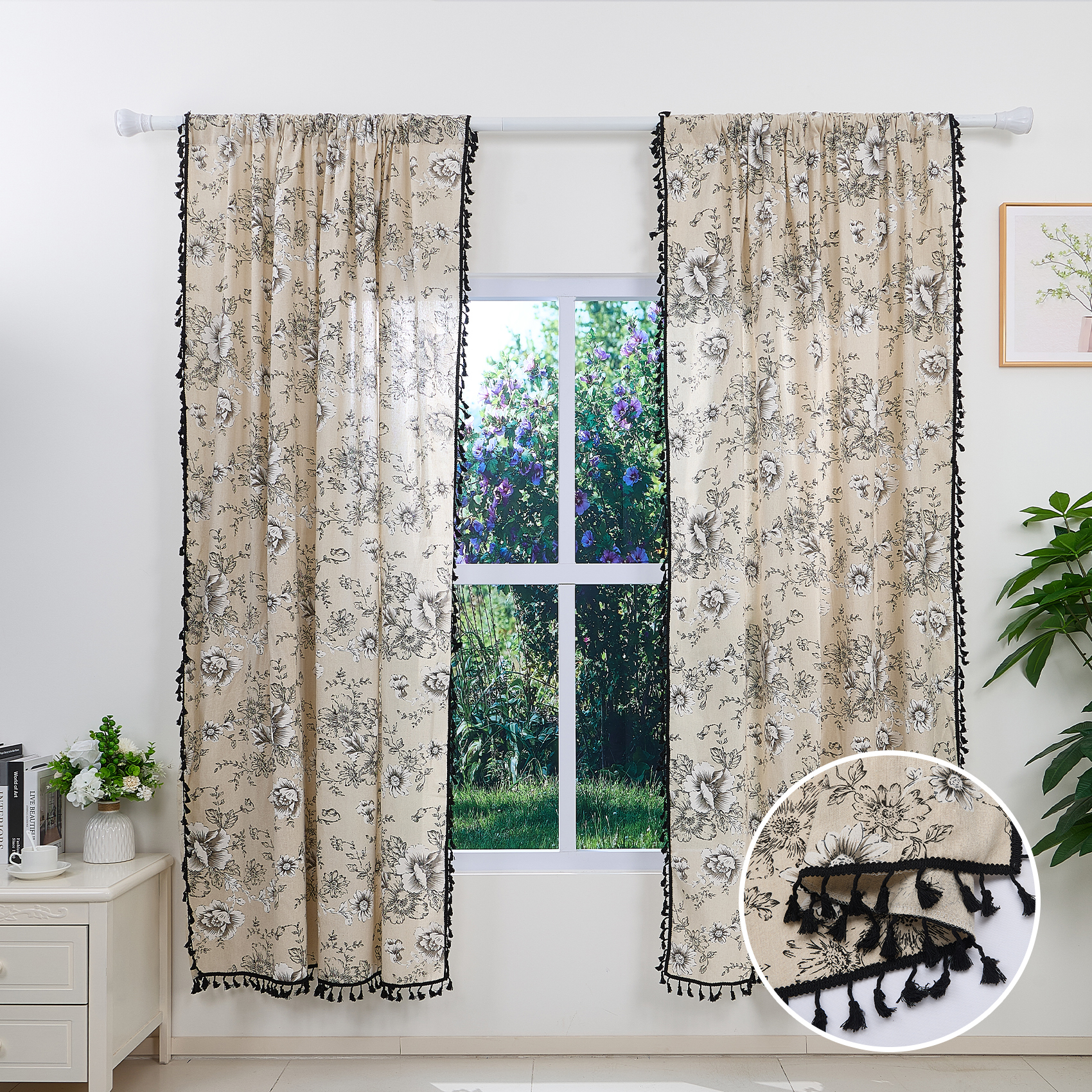 INK+IVY NEA 100% Cotton Curtain Panel, 50x84", Boho Stripe With Tassel Trim, Rod Pocket, Off White/Gray