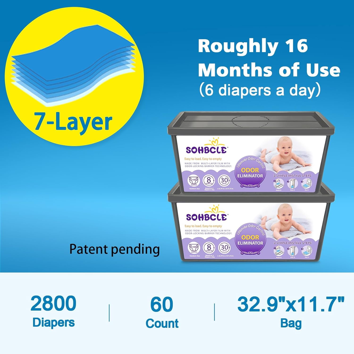 Refills Compatible with Genie Easy Roll Signature Diaper Pail and Platinum Diaper Pail, 60 Bags Hold up to 2800 Newborn Diapers, Extra Thickness Powerful Odor Eliminate, Fresh Fragrance Easy to Use