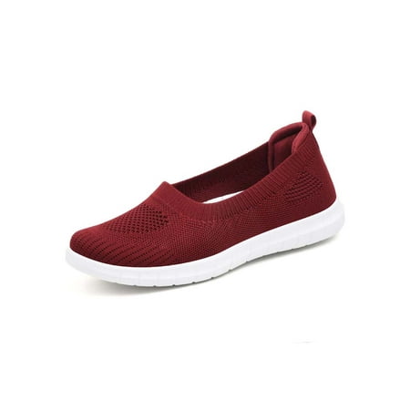 

Oucaili Womens Trainers Knit Upper Walking Shoe Mesh Casual Shoes Comfort Slip On Flats Ladies Sneakers Jujube Red 7.5