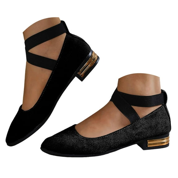 Mepaouo Women's Flats Elastic Ankle Straps Heeled Ballet Dance Shoes Closed Round Toe Dressy Mary Jane