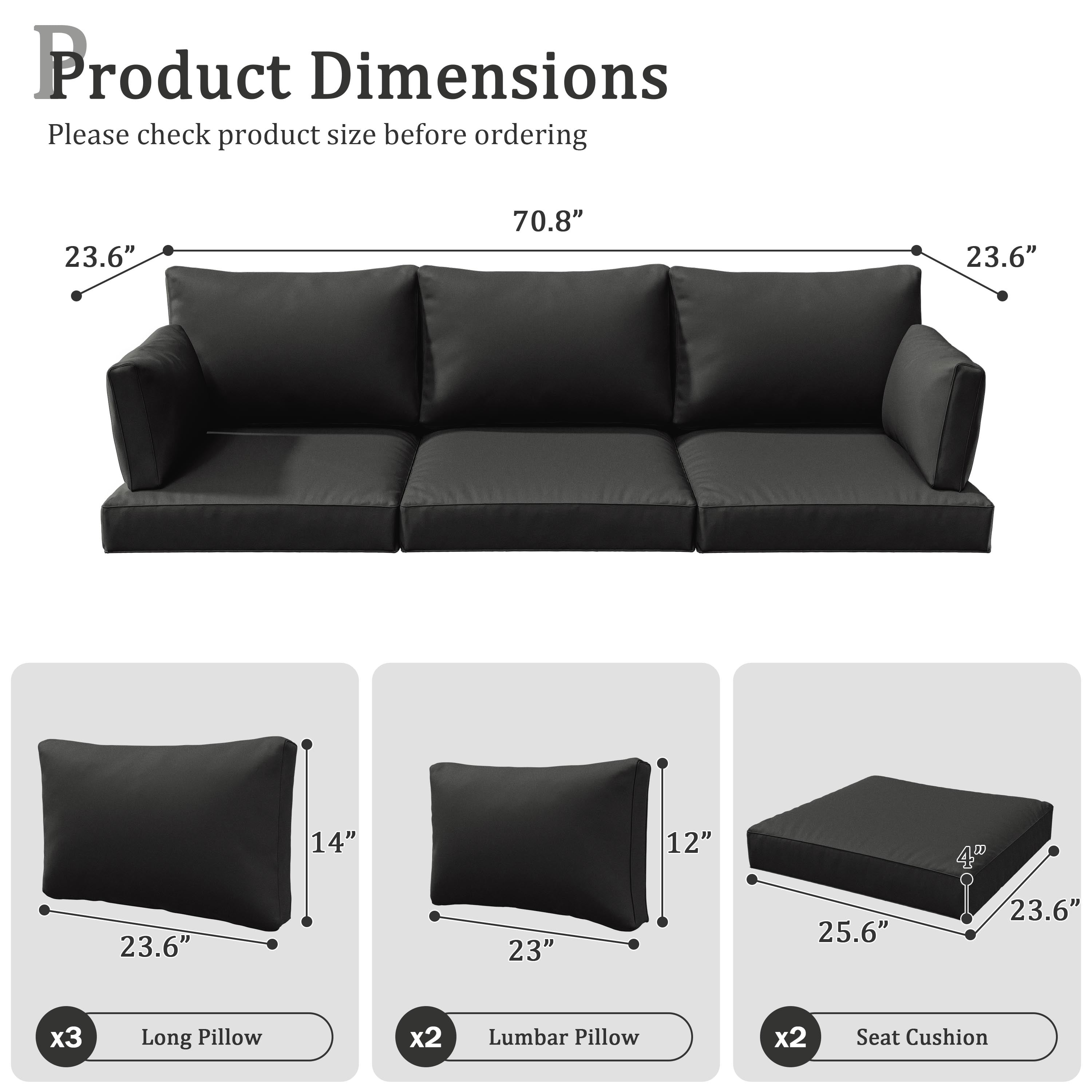 Snubbull 8-piece Patio Furniture Cushions, Replacement Outdoor Cushions for 3-Seat Sectional Sofa, Waterproof & Zipped, 25.6"*23.6"*4", Black
