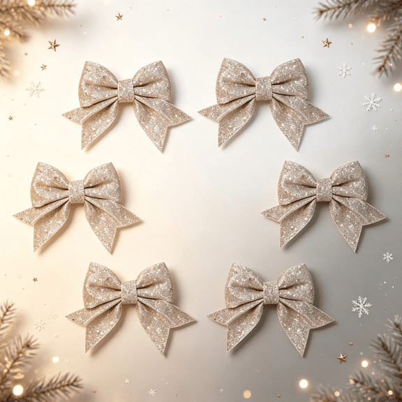6 Pcs Champagne Glitter Bows For Christmas Ornament, Hanging Holiday Bows For Staircase & Door Wreath Home Xmas Party Supplies
