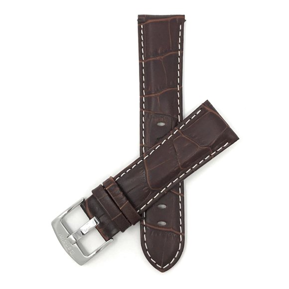 Bracelet de Montre en Cuir Style Crocodile pour Homme 24 mm, Surpiqûres Blanches, Boucle en Acier Inoxydable