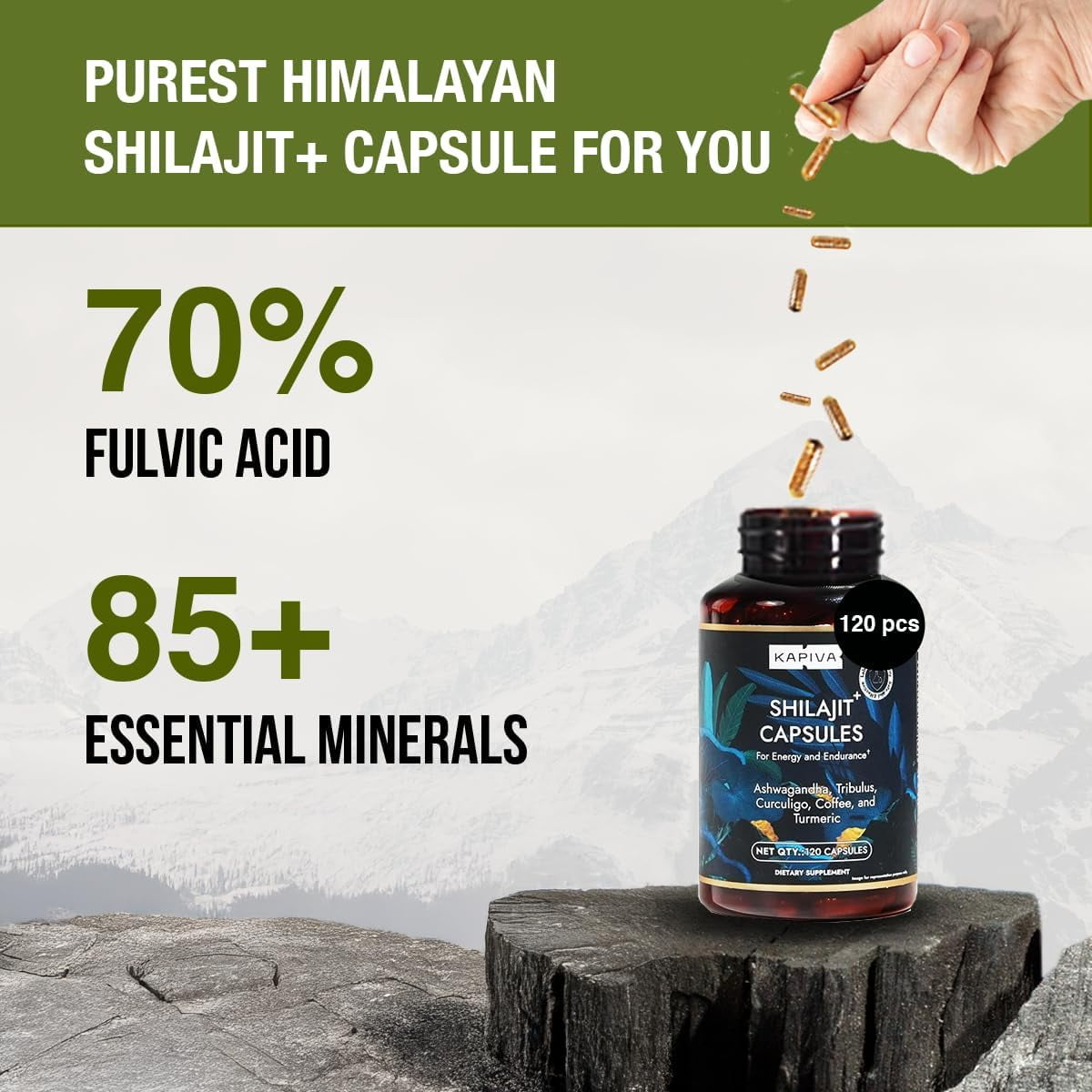 Kapiva Shilajit Capsules – 120 Count | 60 Days Supply |  Himalayan Shilajit with Ashwagandha, Turmeric, Tribulus & Coffee | Energy, Stamina & Testosterone Support