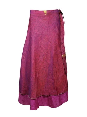 Mogul Women Pink Vintage Silk Sari Magic Wrap Skirt Reversible Printed 2 Layer Sarong Beach Wear Cover Up Long Skirts One Size