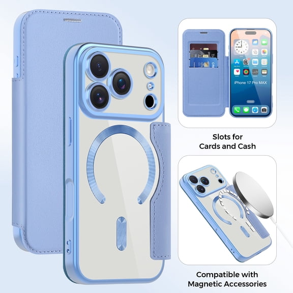 TECH CIRCLE Flip Wallet Case for iPhone 15 Pro - Clear Back Cover, Compatible with MagSafe, Built-in 3 Card Slots, RFID Blocking, PU Leather Slim Fit Lightweight Protective Case, Blue