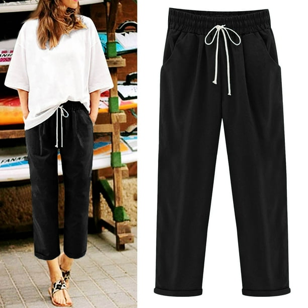 Pntutb Pantalones de algodón y lino elásticos de color sólido informales a la moda para mujer Pntutb Pntutb-5181