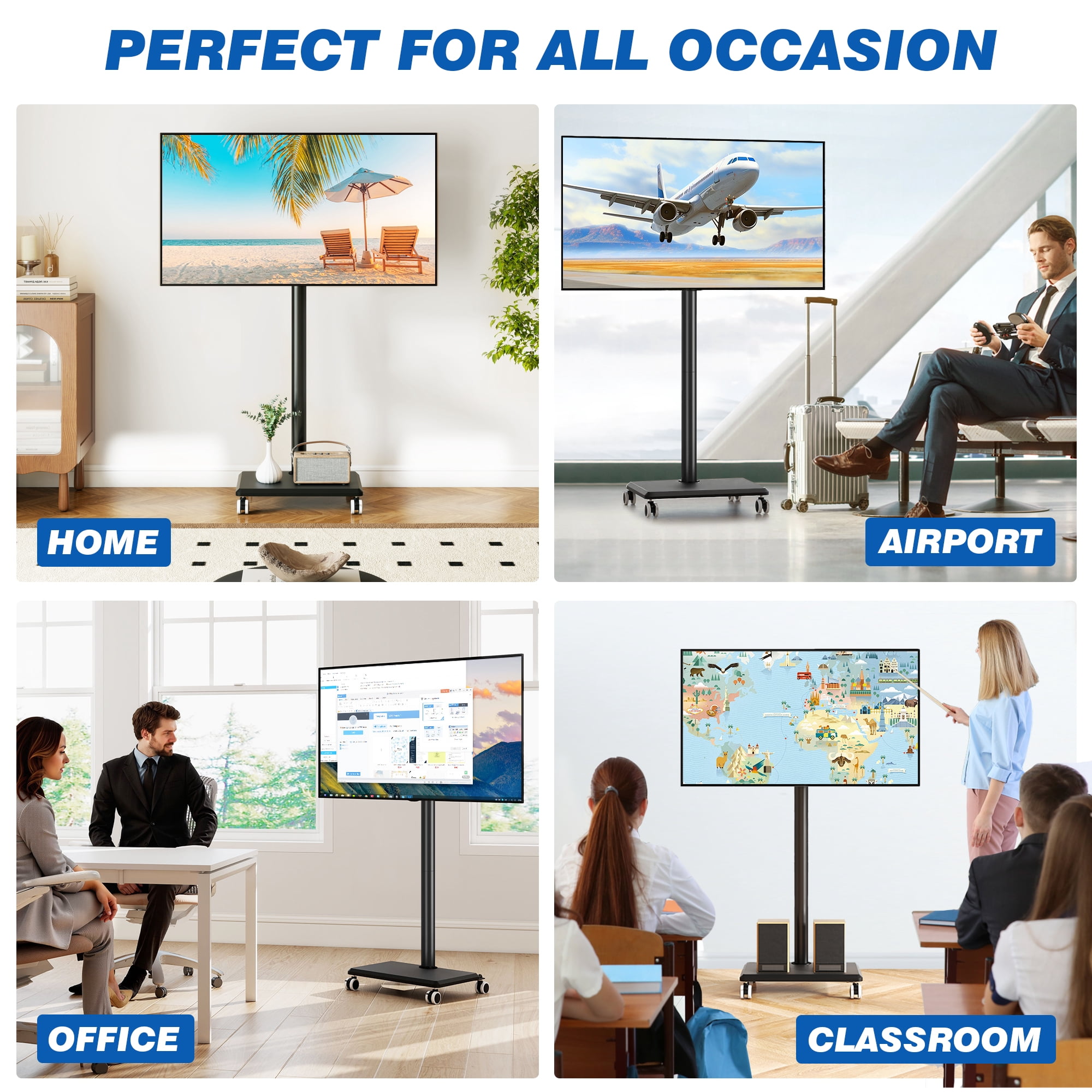 RTVR 32 to 60 inch Mobile TV Stand Cart, Tall Floor TV Stand with Swivel Mount, Height Adjustable Rolling Furniture Black