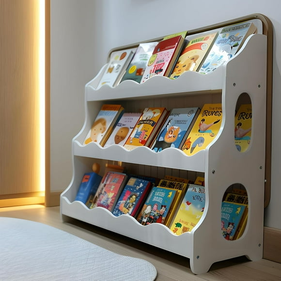Kids Book Shelf Wooden Montessori Bookshelf Dutch Design 3Tier Scalloped,SnowfallWhite