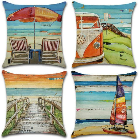 Set of 4 Pillow Covers 18x18, Pier Sunset Sailboat Pattern Style, Cotton Linen Fabric Decorative Indoor / Outdoor Throw Pillow Case Set 45x45cm