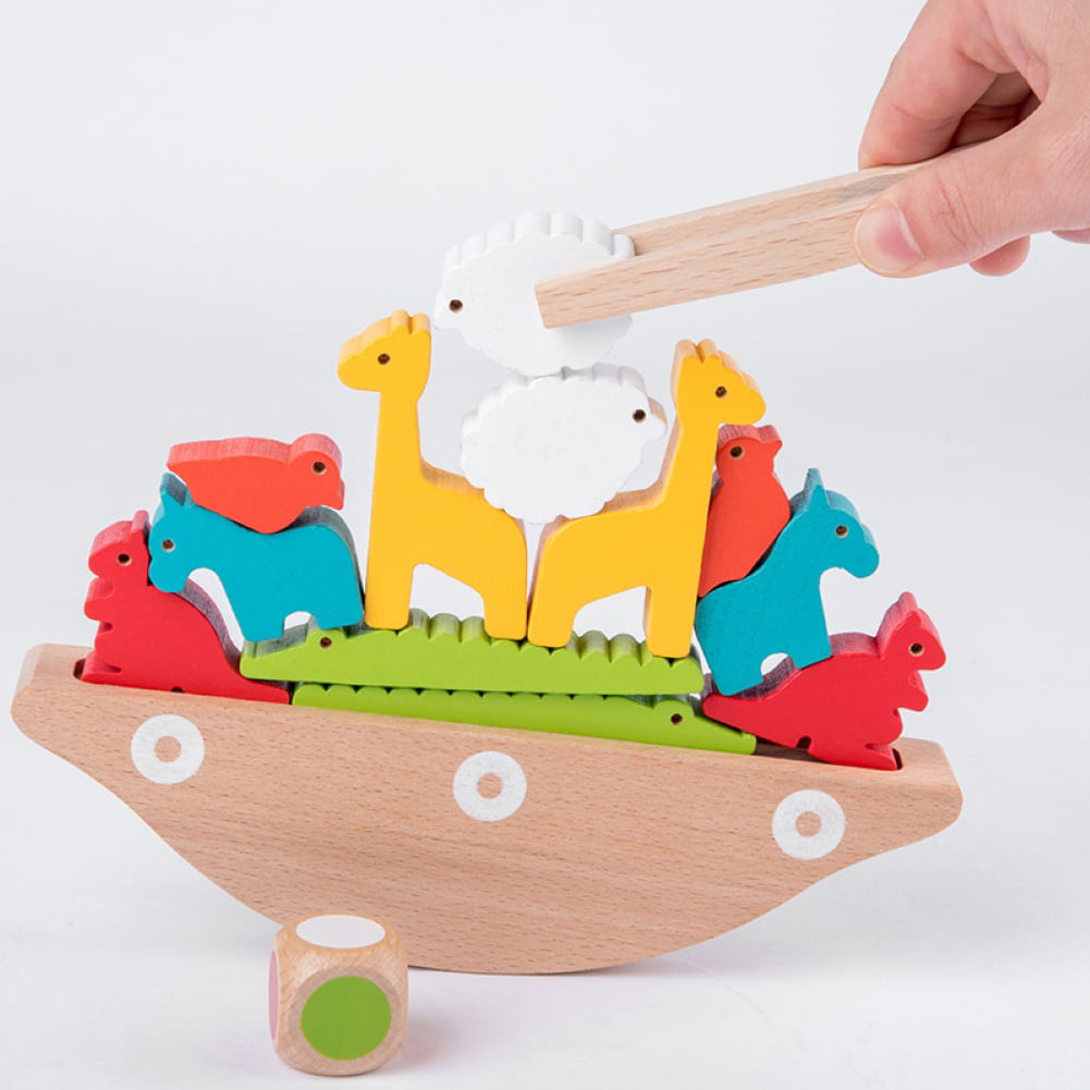 Baby Sensory Educational Toy Wooden Balance Boat Stacking Animal Block Game 