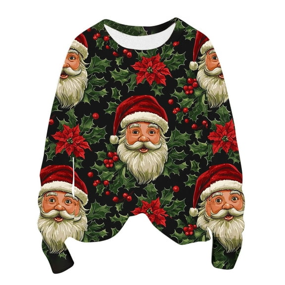 Womens Christmas Printed Sweatshirt Crewneck Long Sleeve Shirts Xmas Novelty Pullover Santa Claus Clothing Reindeer Stocking Tops Trendy Fashion Clothes