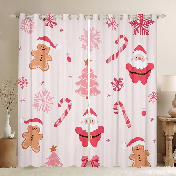 Manfei Pink Christmas Tree Curtains Pack of 2 (42x84 Each),Cute Santa Claus Curtains Blackout,Brown Gingerbread Man Bedroom Curtains For Girl Boy,Ultra Soft Home Decor