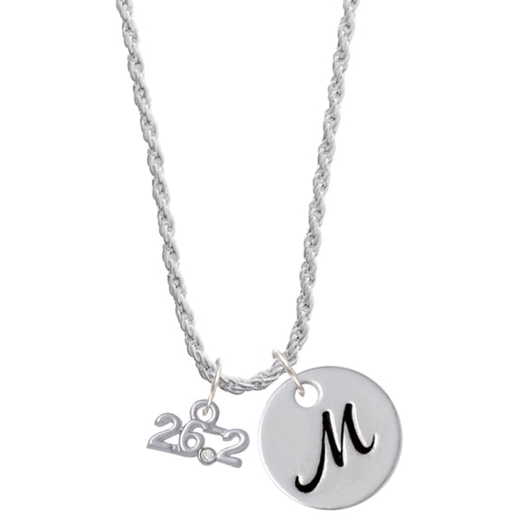 Delight Jewelry Silvertone Marathon - 26.2 with Clear Crystal Silvertone Script Initial Disc - M - Charm Necklace, 20"+3"