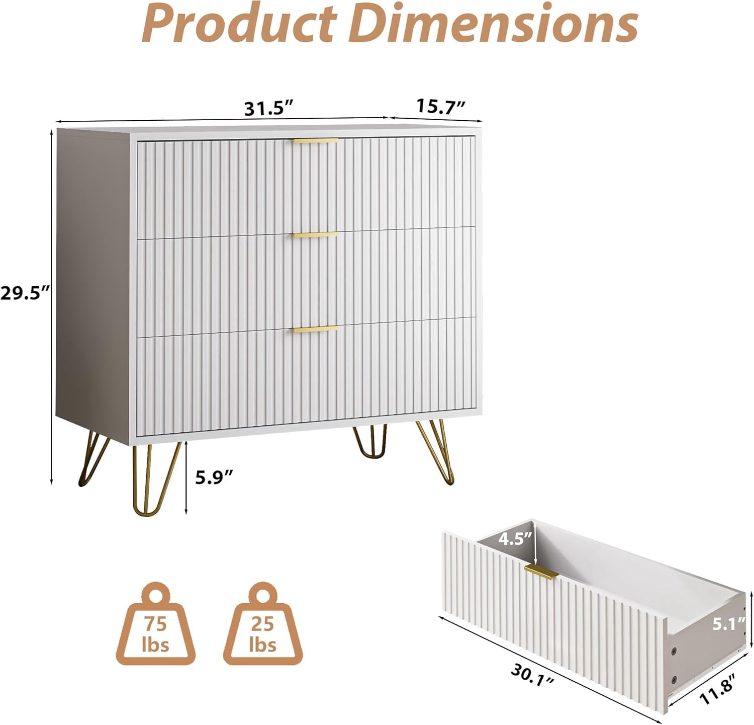 FURNIWAY White 3 Drawer Dresser for Bedroom, Modern Closet Dressers Chest of Drawers, Fluted Dresser Chest Cabinet with Gold Metal Handles, Nightstand for Bedroom, Living Room, Hallway, Entryway