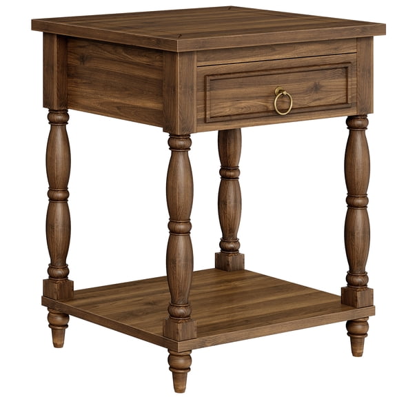 HOOBRO 2-Tier End Table with Drawer & Solid Wood Legs, Walnut