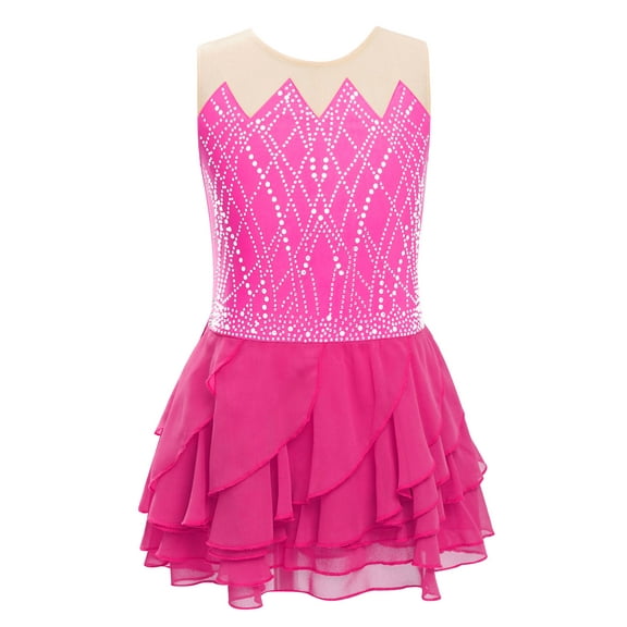 YiZYiF Kids Girls Figure Ice Skating Dance Dress Sleeveless Rhinestones Ballet Gymnastics Leotards Hot Pink 4