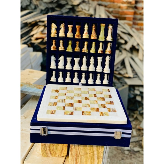 12-Inch Handcrafted Marble Chess Set with Blue Velvet Gift Box – Elegant Stone Chessboard with Full Set of Carved Chess Pieces (White and Green)