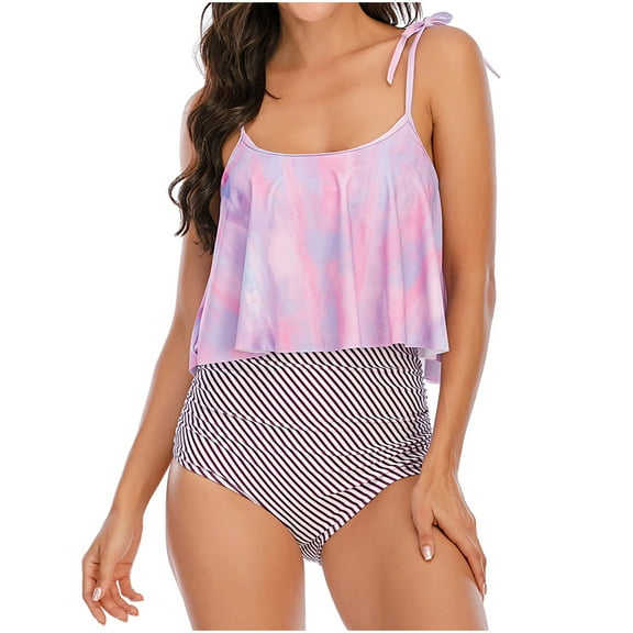 CLOISE Plus Size Swimwear Tankini Womens with Underwire 2 Piece High Waist Built in Bra Full Coverage Swimsuits Print Bathing Suit Ruffle Backless Beachwear