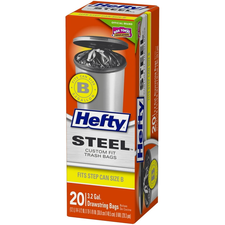 Hefty Steel Custom Fit B Size Drawstring Trash Bags, Black, Unscented, 3.2  Gallon, 20 Count 