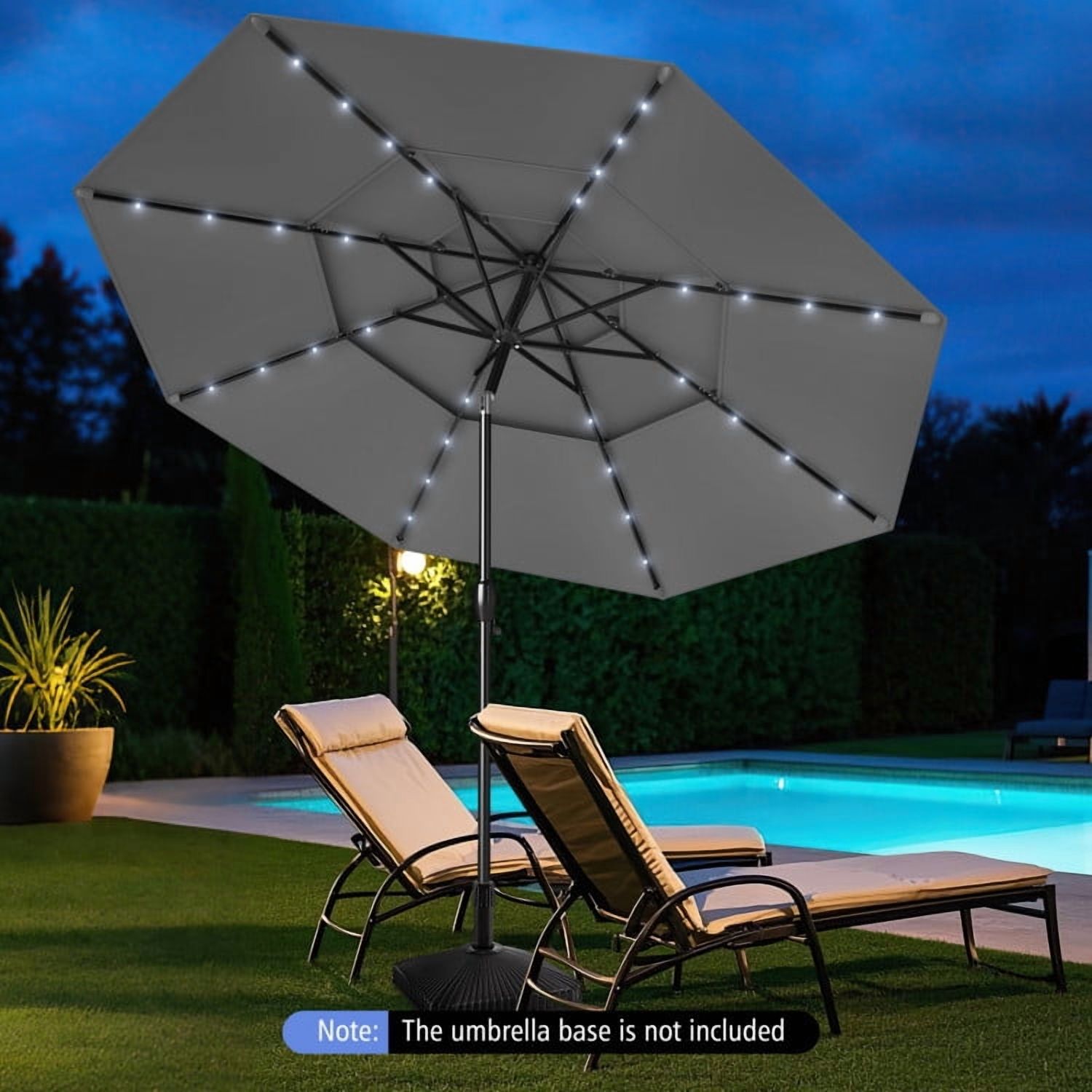 YYAo Outdoor Garden Umbrella,Market Umbrella,10 Feet Solar Patio Umbrella with 32 LED Lights 3-Tier Vented Top-Gray
